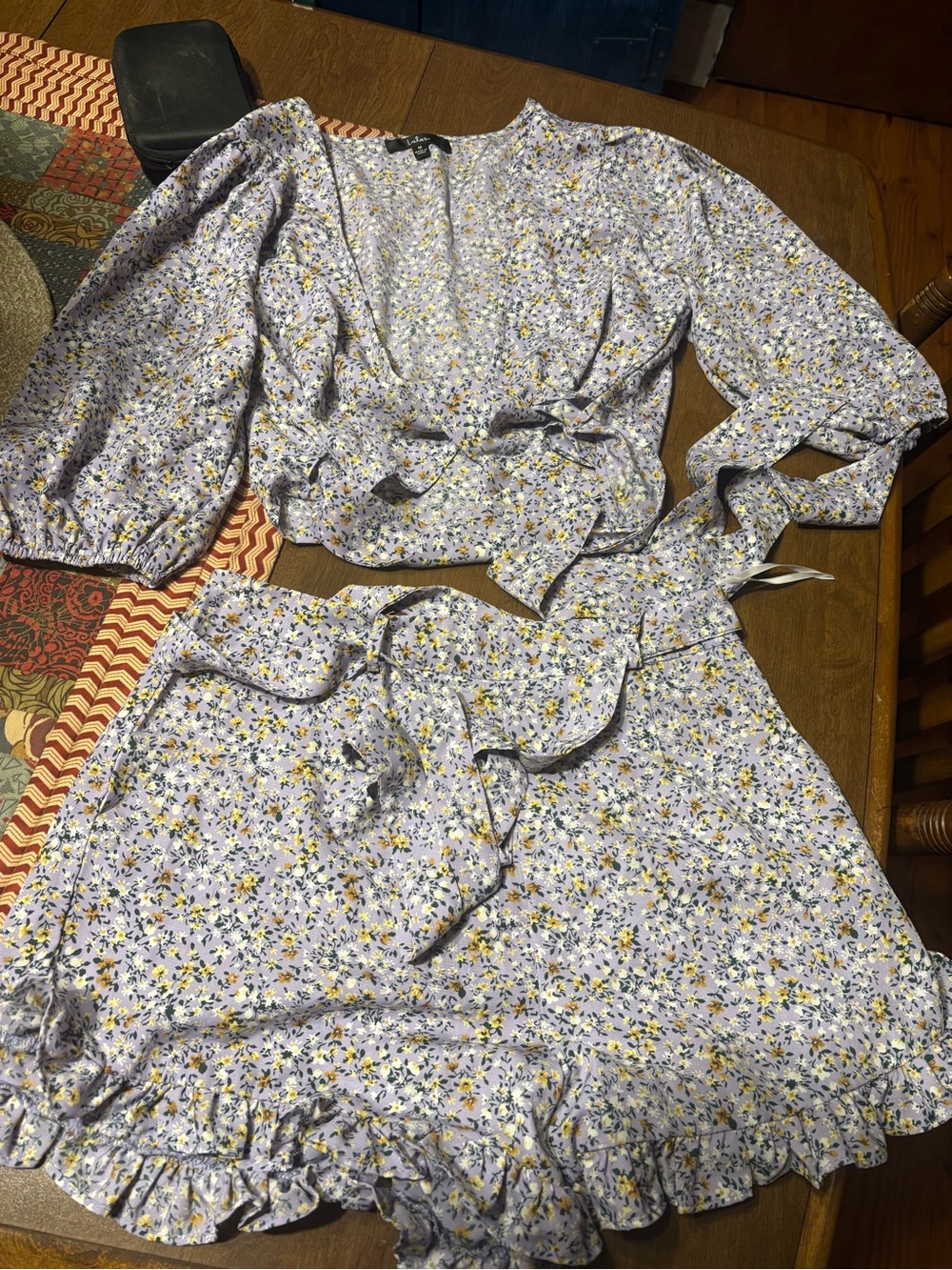Lulu's Lavender Floral Wrap Top & Skirt Set with Yellow Accents